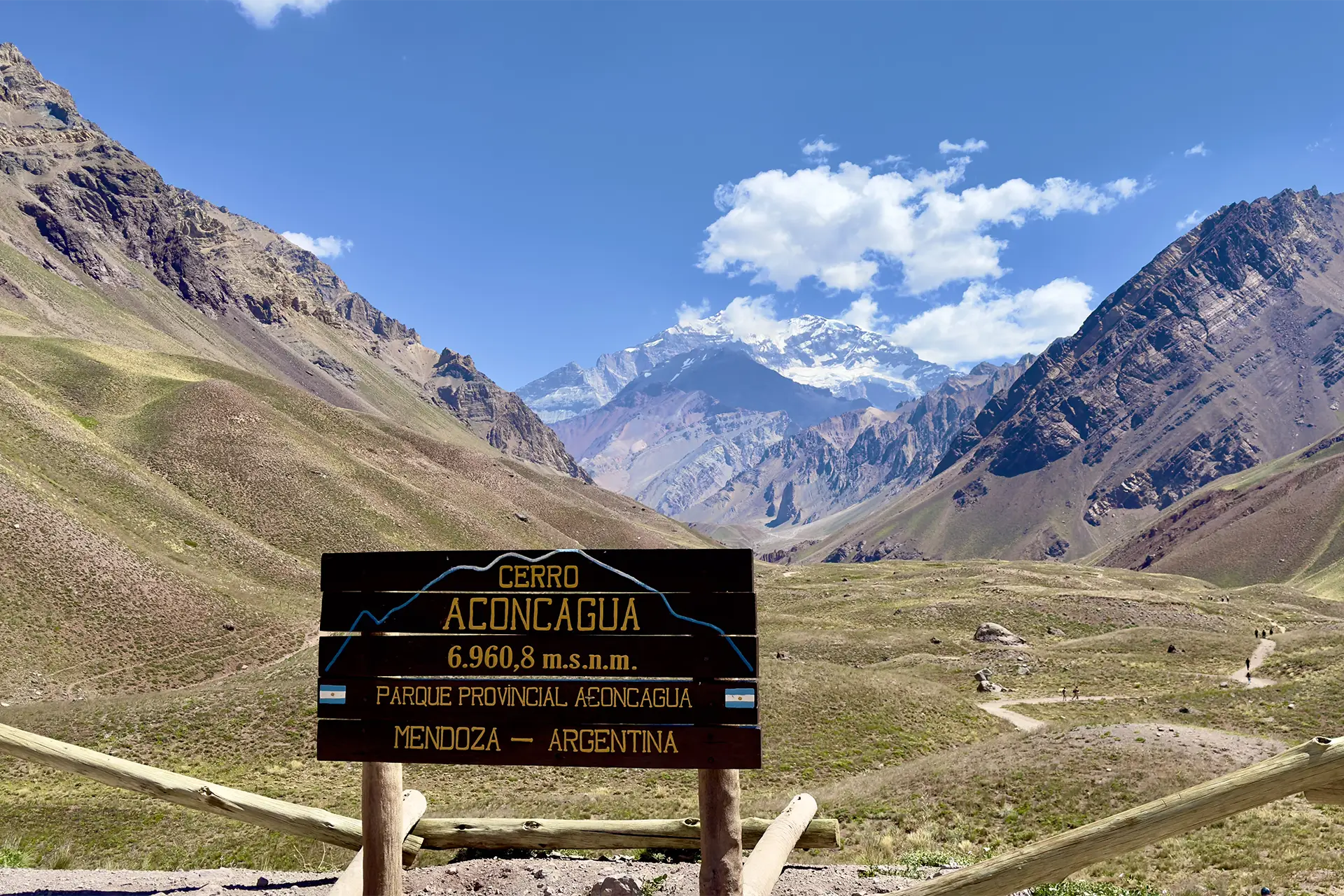 Aconcagua sign with mountain behind