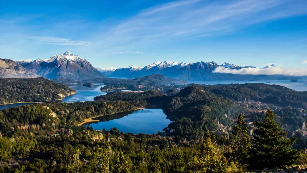 Scenic view of Bariloche lakes and mountains.
