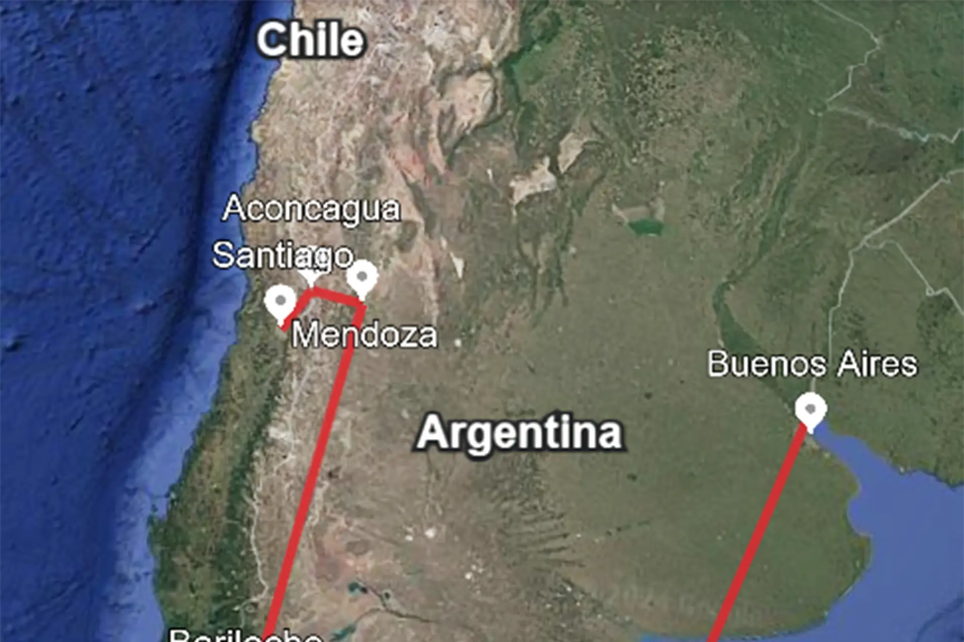 Closeup of Race2Adventure Argentina 2027 map featuring Santiago, Chile