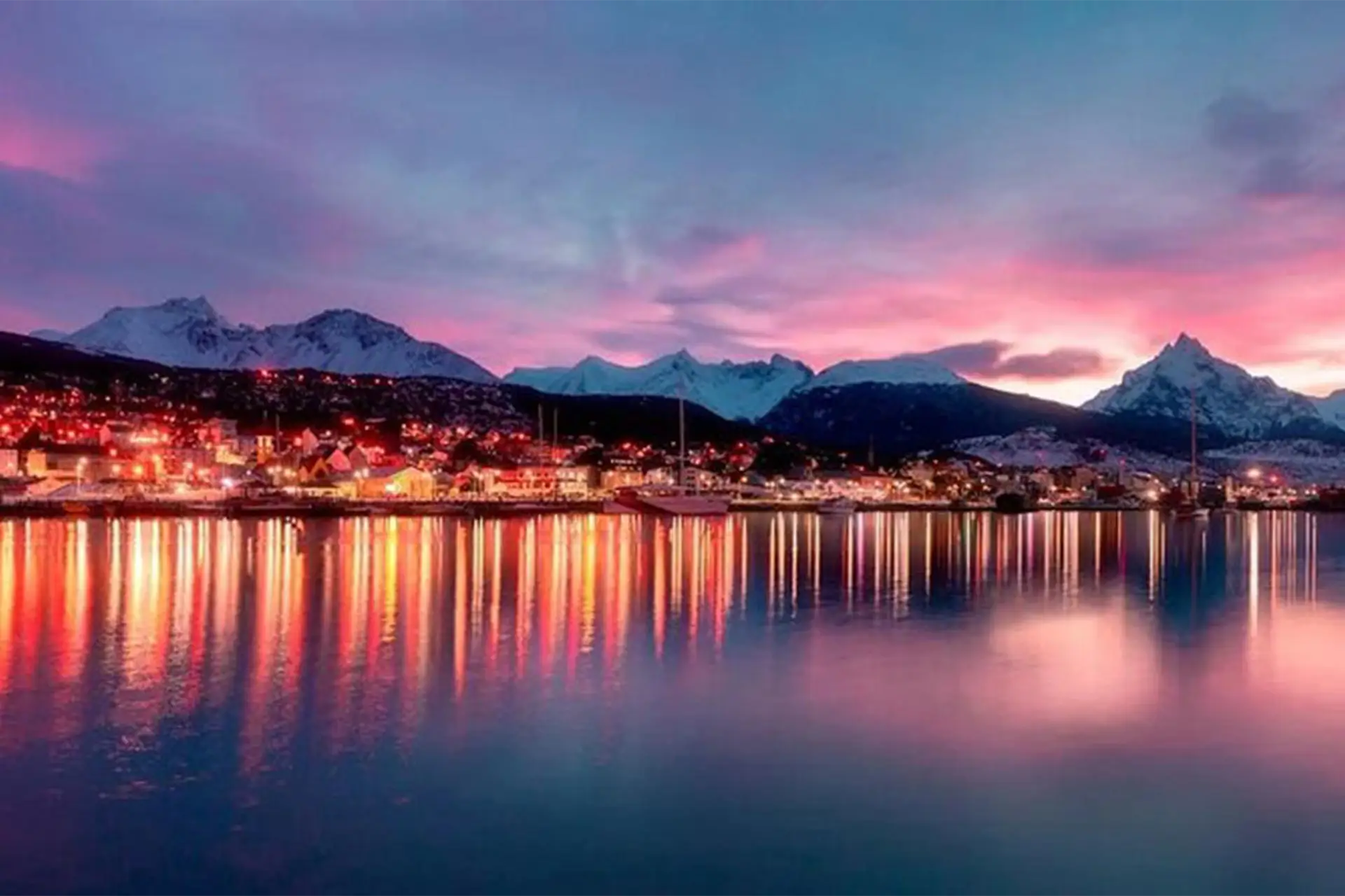 Ushuaia sunset with illuminated lake