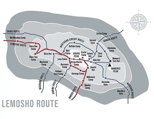 Map of Lemosho route to summit Mt. Kilimanjaro